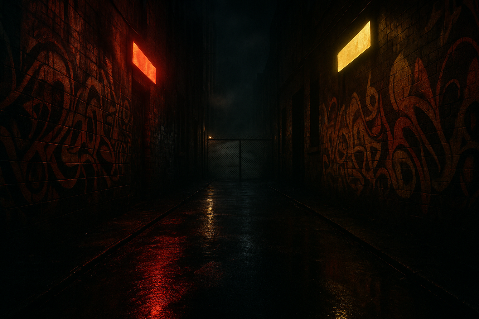 Dark cinematic urban alley at night, wet asphalt reflecting neon red and yellow light, graffiti walls with abstract shapes, faint smoke in the air, chain link fence in the background, moody shadows, gritty and raw atmosphere, perfect for fearless streetwear brand hero banner